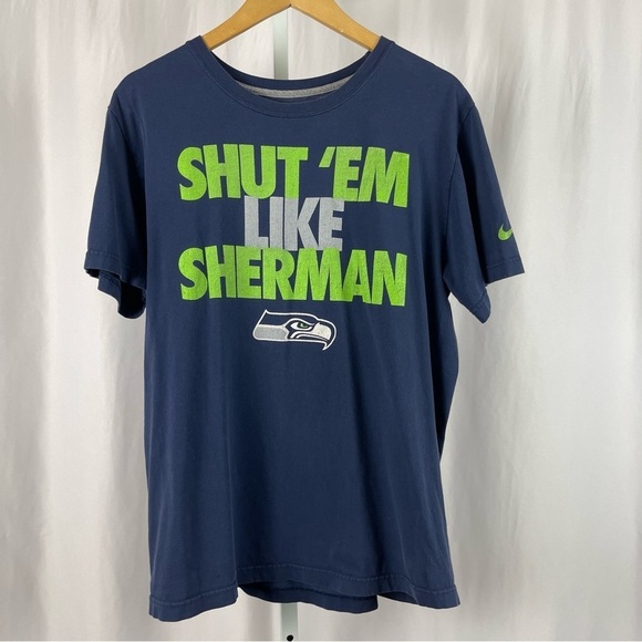Nike Seahawks Large Regular Fit Football Graphic Tee Shirt Saying Sherman #25 - Picture 1 of 4